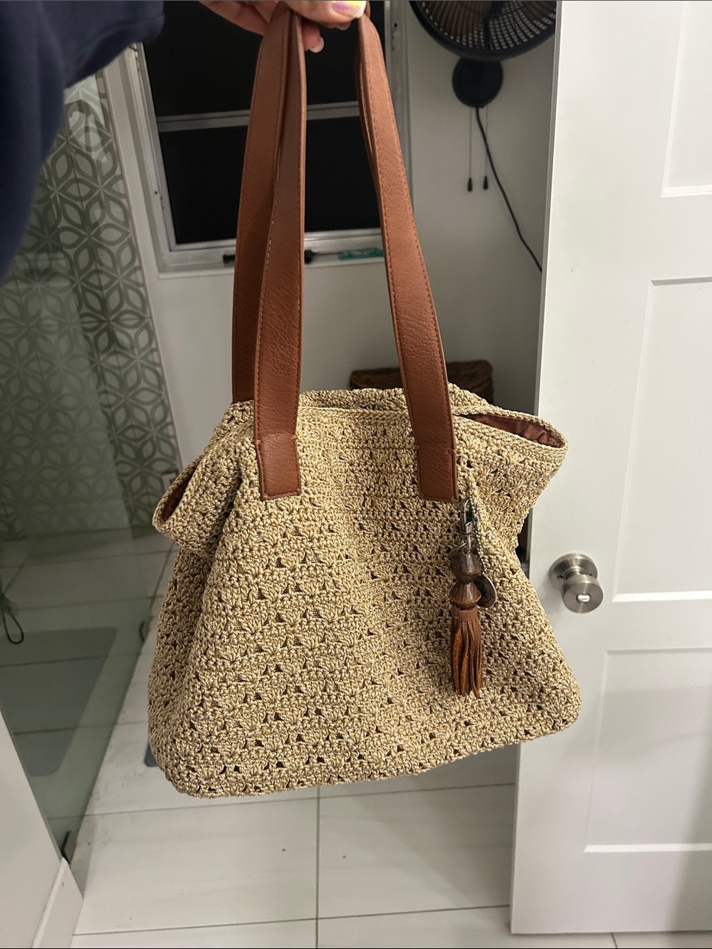 Woven Straw Tote Bag with Brown Leather Straps